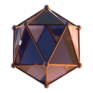 The Skyrsoft mark: a faceted glass polyhedron in indigo, coral and copper, held in a copper lattice, with points of light travelling its edges.
